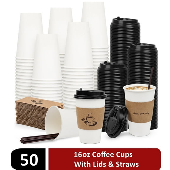 Treamon Disposable Coffee Cups with Lids, Sleeves, and Straws, 16 oz 50 Count
