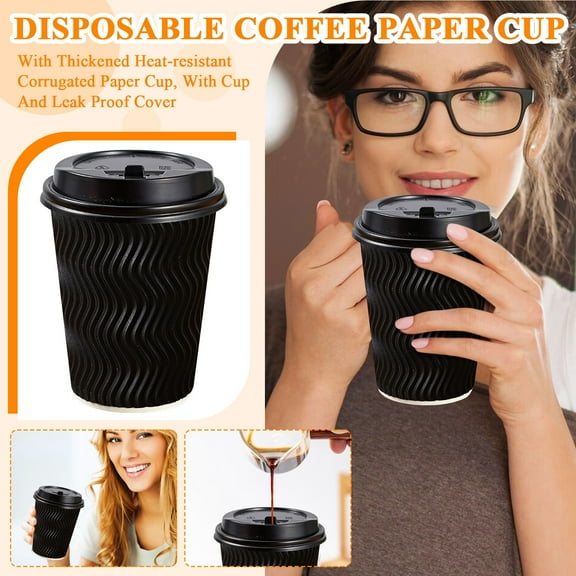 Disposable Coffee Paper Cups with Lids Thickened Heat-Resistant Corrugated Double Layer for Hot Cold Drinks Office Home Cafes 100 Pack 12Oz