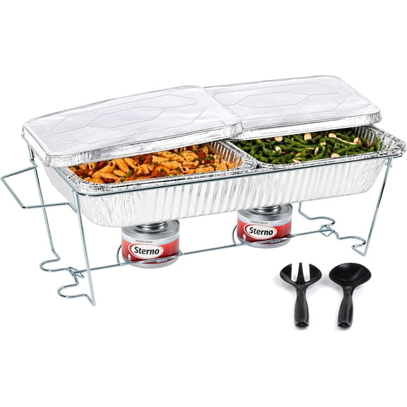 Disposable Complete Chafing Dish Buffet Set, 6-Hour Chafer Fuel Wick, Food Warmers, Warming Trays, Lids & Serving Utensils