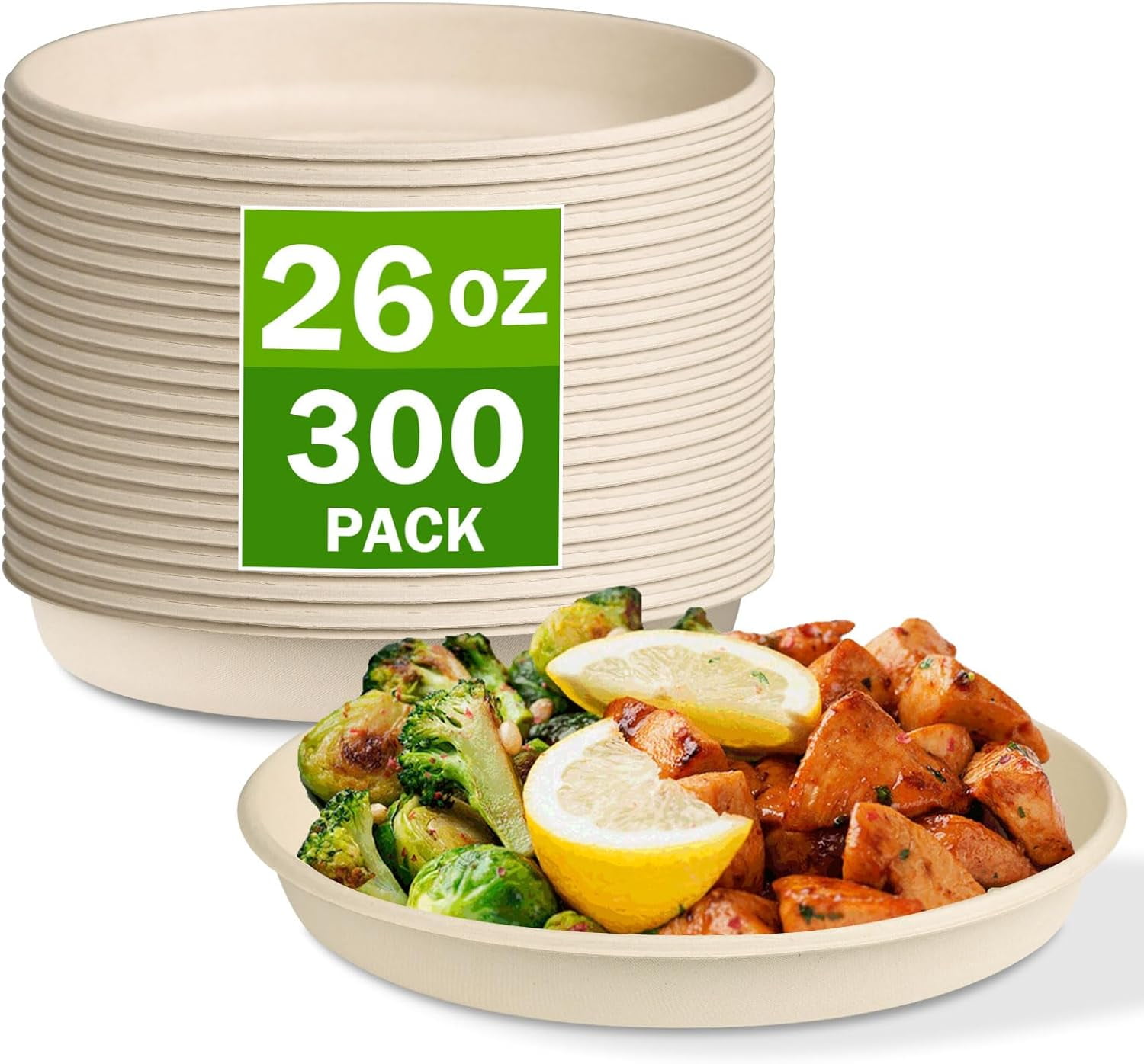 Disposable Compostable Paper Bowls 300 Pack 26 oz Burrito Bowls Heavy-Duty Bowls Eco-Friendly Natural Bagasse Biodegradable Salad Bowls for Picnics Dinner Party BBQ