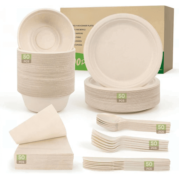 Disposable Compostable Sugarcane Dinnerware Set 300 Pieces Includes Plates Bowls Forks Knives Spoons