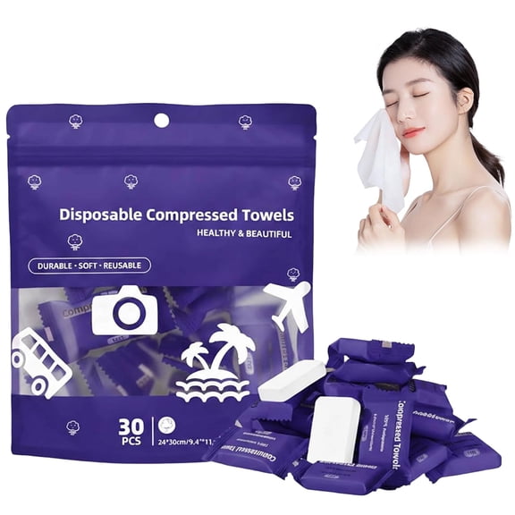 Disposable Compressed Face Towels,  Soft Thick Compressed Towel Tablets, Portable Cotton Coin Tissues for Travel Camping Hiking Outdoor Sports (Blue, 30 Pcs)