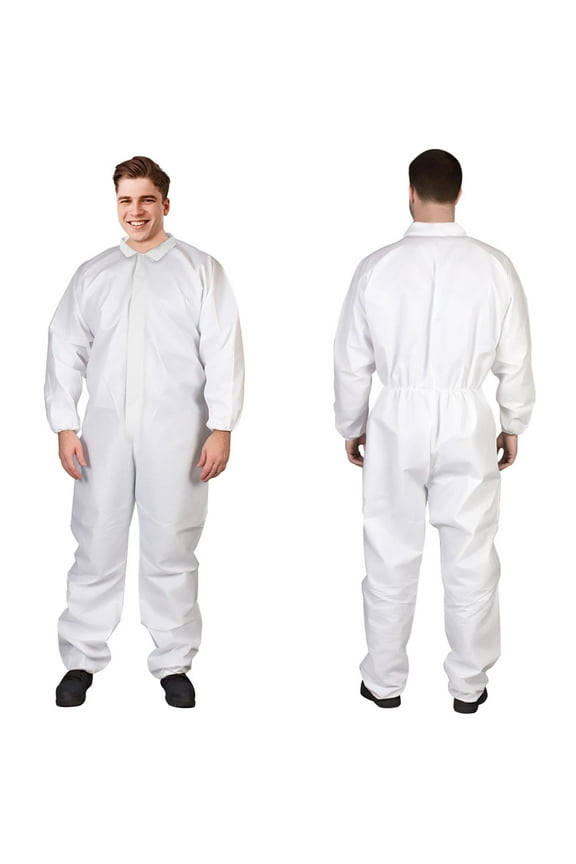 Disposable Coveralls, 3X-Large. Pack of 25 White Microporous Hazmat Suit Costume. 60 GSM Painters Suit Disposable. Lab Coveralls with Zipper Front Entry, Elastic Wrists and Ankles