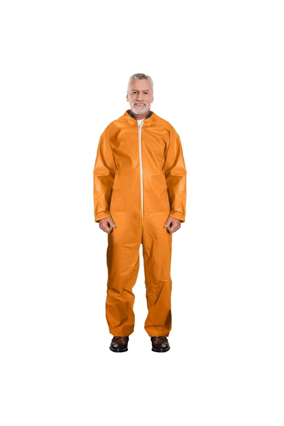 Disposable Coveralls 63" Long. Pack of 25 Orange Adult Industrial PPE Workwear Medium. Unisex PE Coated Polypropylene 40 gsm Full Body Protective Suits with Open Wrists, Ankles, Zipper in Bulk