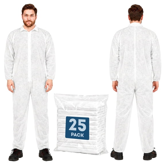 Disposable Coveralls Polypropylene 50 gsm with Zipper Elastic Wrists and Ankles White 25 count Large
