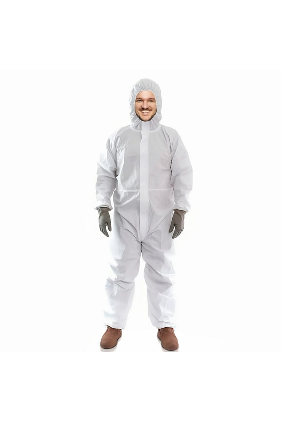 White Disposable Coveralls with Hood, 2X-Large. Pack of 5 Microporous Lab Coveralls for Men and Women. 60 GSM Painters Suit Disposable with Storm Flap Zipper Cover. Hazmat Suit