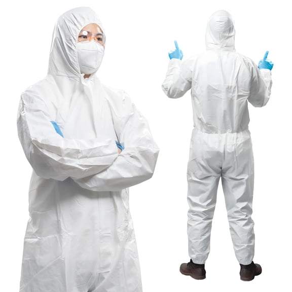 White Disposable Coveralls with Hood, 4X-Large. Pack of 25 Microporous Lab Coveralls for Men and Women. 60 GSM Painters Suit Disposable with Storm Flap Zipper Cover. Hazmat Suit