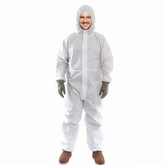 White Disposable Coveralls with Hood, 4X-Large. Pack of 25 Microporous Lab Coveralls for Men and Women. 60 GSM Painters Suit Disposable with Storm Flap Zipper Cover. Hazmat Suit