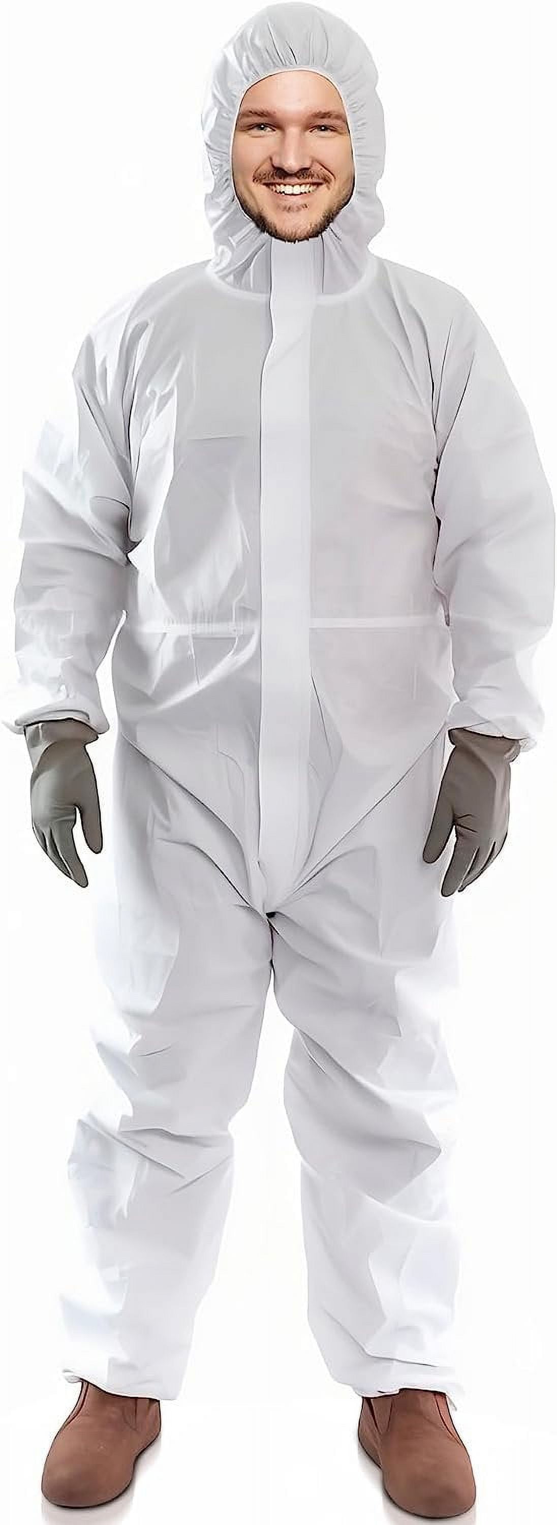 Disposable Coveralls with Hood, 4XLarge. Pack of 5 White Microporous