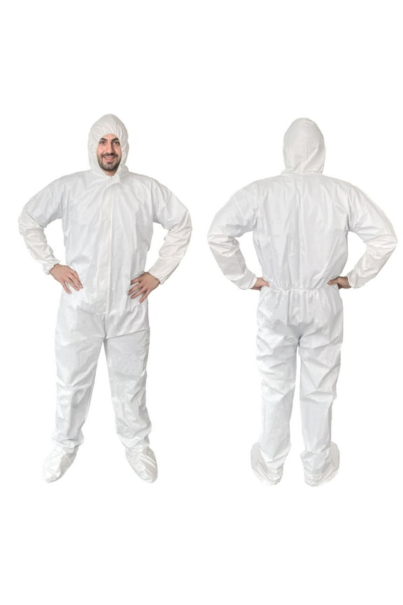 White Hazmat Suits, Large. Pack of 5 Waterproof MPP Disposable Coveralls with Hood, Boots, Elastic Wrists, Zipper. Tear Resistant 60 GSM Unisex Painters Suit Disposable for Men and Women