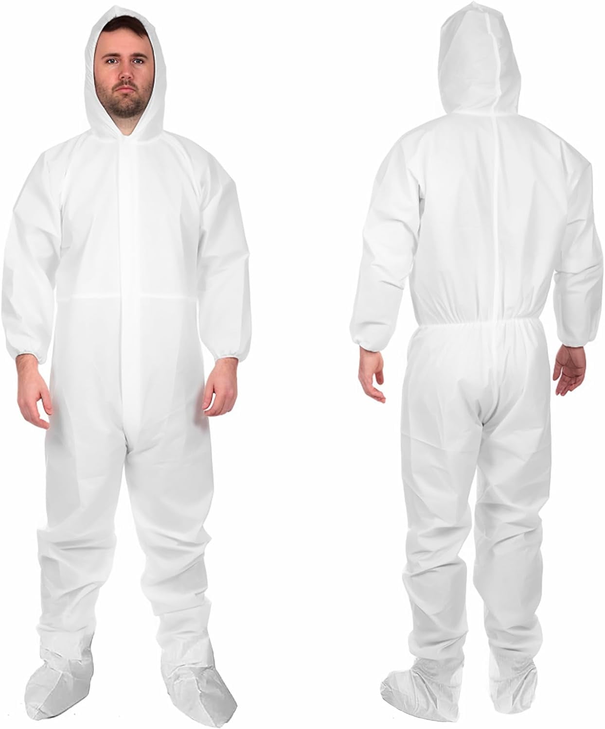Disposable Coveralls with Hood, Boots M. 50 Pack White Paint Coveralls Disposable. Microporous