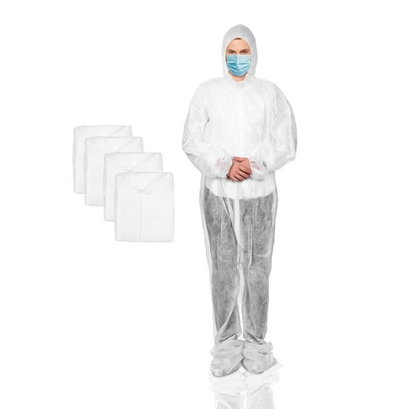 White Disposable Coveralls with Hood and Boots, Large. Pack of 25 Unisex Lab Coveralls for Men and Women. 30 GSM Polypropylene Paint Suit with Zipper Closure and Elastic Wrists