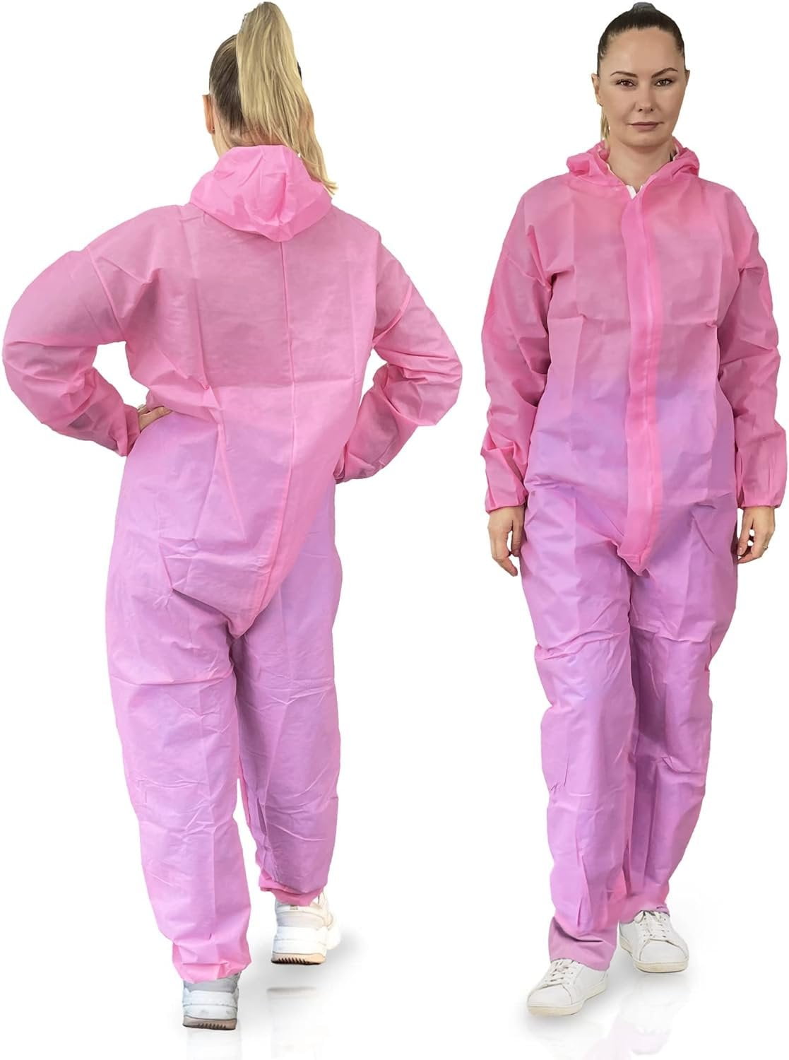 Disposable Coveralls with Hood, Front Zip, Elastic Cuffs and Ankles, Pack of 25 Large Pink
