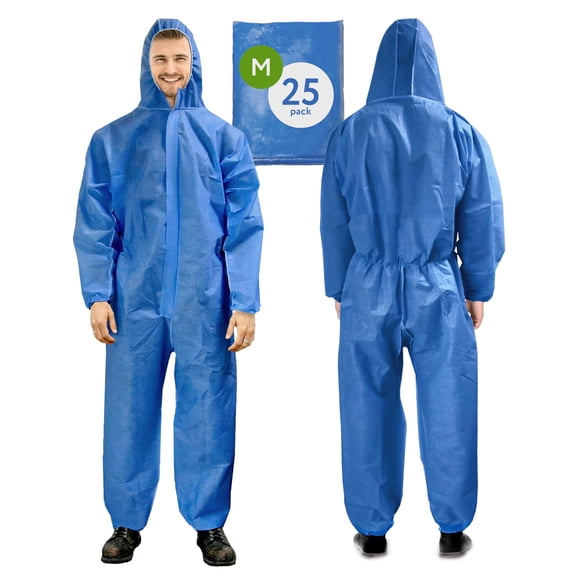 Disposable Coveralls with Hood SMS Fabric Blue 25 count Medium with Elastic Wrists and Ankles
