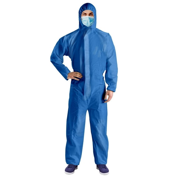 Blue Disposable Coveralls with Hood, X-Large Size. Pack of 25 Hazmat Suits Disposable with Front Zip, Elastic Wrists & Ankles. 50 GSM SMS Painters Coveralls. Waterproof Paint Suit