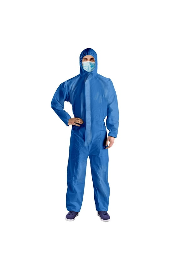 Blue Disposable Coveralls with Hood, 2X-Large Size. Pack of 25 Hazmat Suits Disposable with Front Zip, Elastic Wrists & Ankles. 50 GSM SMS Painters Coveralls. Waterproof Paint Suit