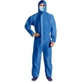 thumbnail image 1 of Disposable Coveralls with Hood, XX-Large Size. Pack of 5 Blue Hazmat Suits with Front Zip, Elastic Wrists and Ankles. 50 GSM SMS Lab Coveralls. Hazmat Costume Adult. Waterproof Painting Coveralls, 1 of 6