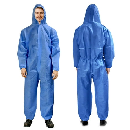 Disposable Coveralls for Men and Women, Large. Blue Hazmat Suit Costume. Water-Resistant SMS Polypropylene Painters Suit with Hood, Elastic Cuffs and Ankles, Front Zipper