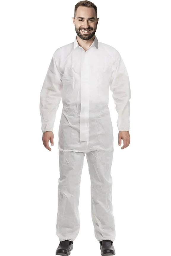 White Disposable Coveralls for Men, Large. Pack of 100 Painters Overalls for Women. Liquid Proof SMS 60 GSM Safety Apparel with Zipper Closure, Elastic Wrists, Ankles & Lower Back
