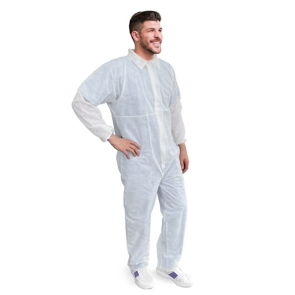White Disposable Coveralls for Men and Women, Large. Pack of 25 Hazmat Suits Costume. 50 GSM Polypropylene Painters Suit Disposable with Front Zip, Elastic Wrists, Open Ankles