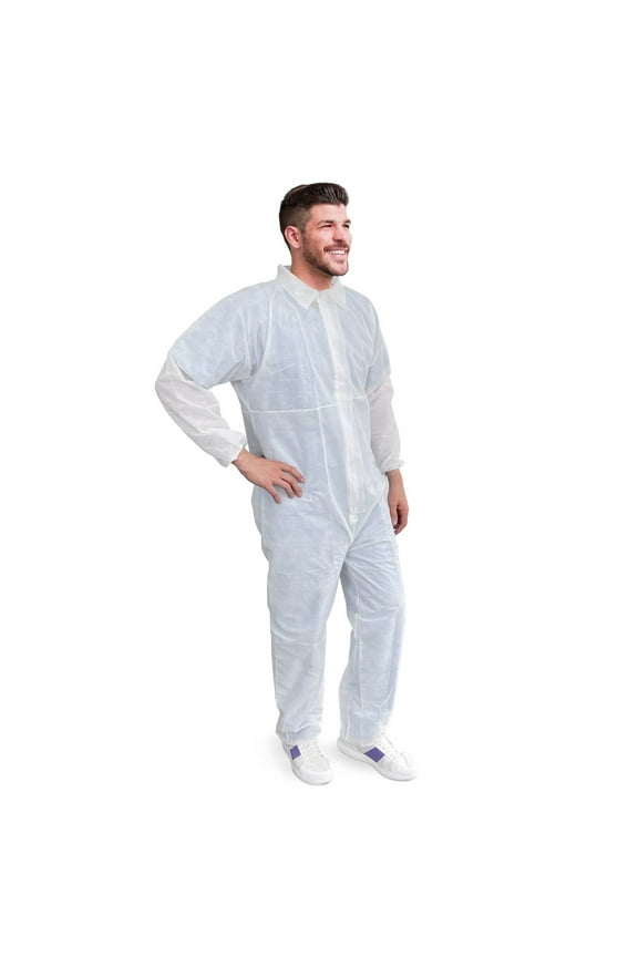 White Disposable Coveralls for Men and Women, Large. Pack of 25 Hazmat Suits Costume. 50 GSM Polypropylene Painters Suit Disposable with Front Zip, Elastic Wrists, Open Ankles