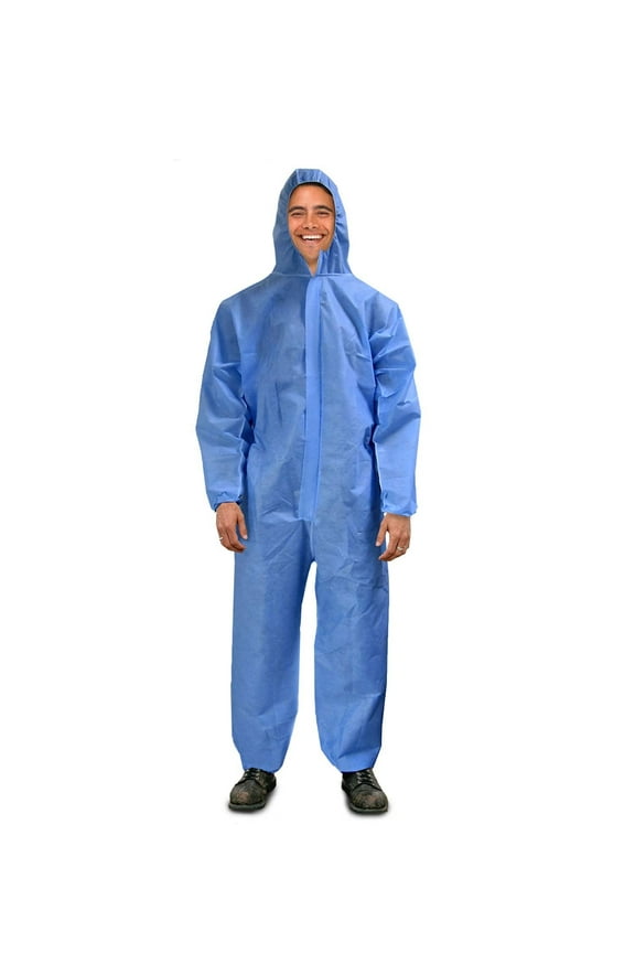 Disposable Coveralls for Men and Women, X-Large. Blue Hazmat Suit Costume. Water-Resistant SMS Polypropylene Painters Suit with Hood, Elastic Cuffs and Ankles, Front Zipper