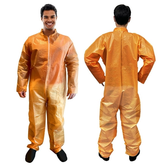 Orange Disposable Coveralls for Men/Women, X-Large. Pack of 5 Hazmat Suits Disposable. Breathable PP+PE 40 GSM Painters Coveralls. Paint Suit with Open Wrists, Ankles, Front Zipper
