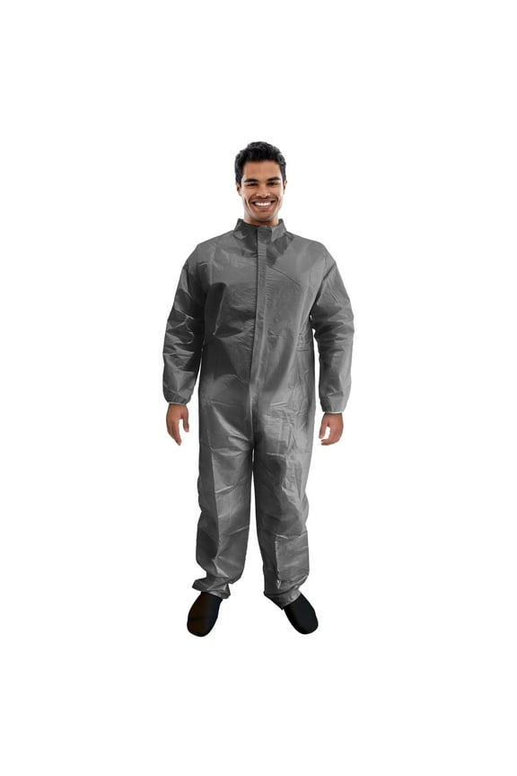 Gray Disposable Coveralls for Men and Women, 2X-Large. Pack of 5 Polypropylene Paint Suit 50 GSM. Painters Suit Disposable. Hazmat Costume with Front Zipper and Elastic Wrists