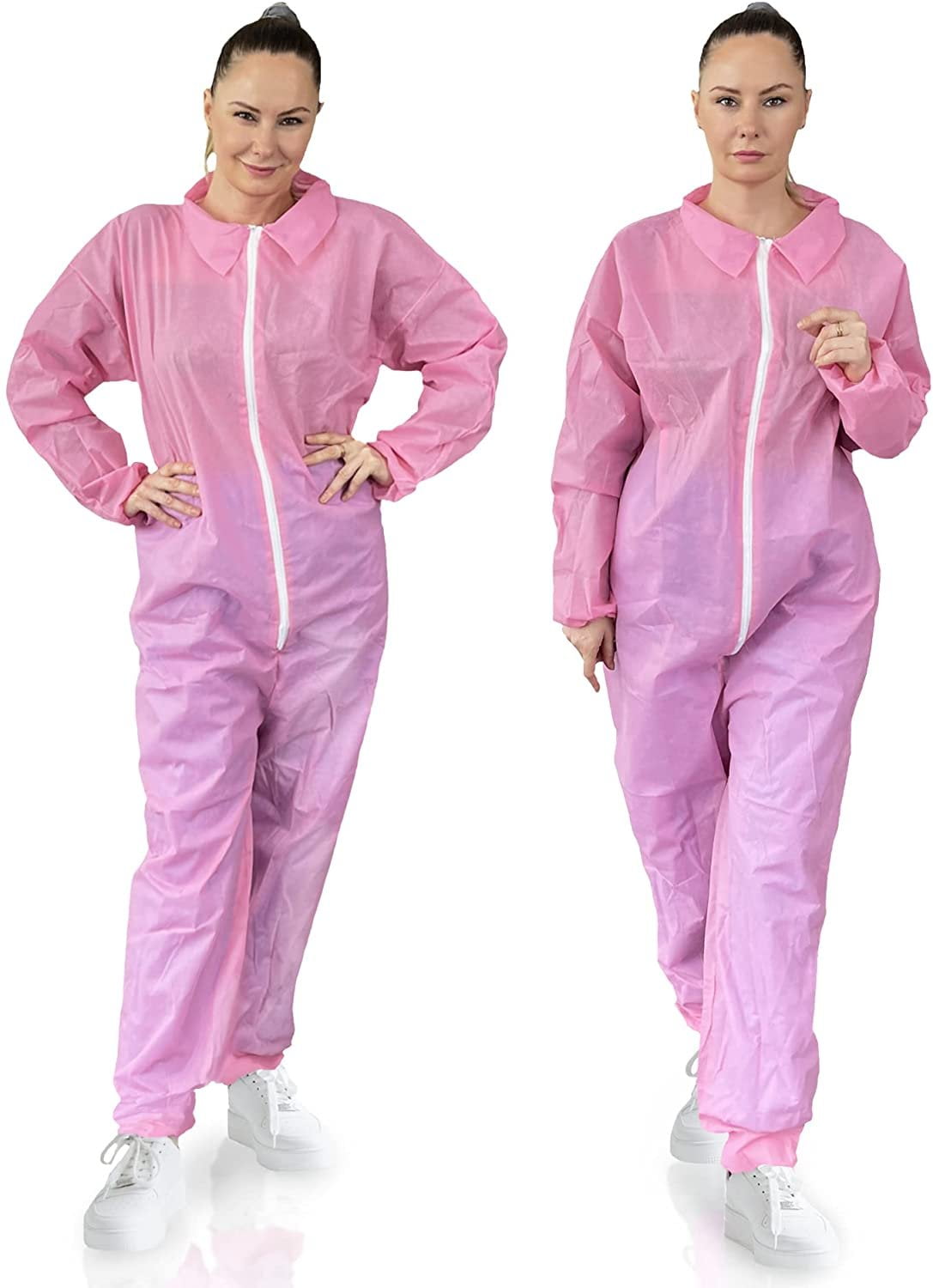Disposable Coveralls. Pink Overalls with Elastic Cuffs and Ankles