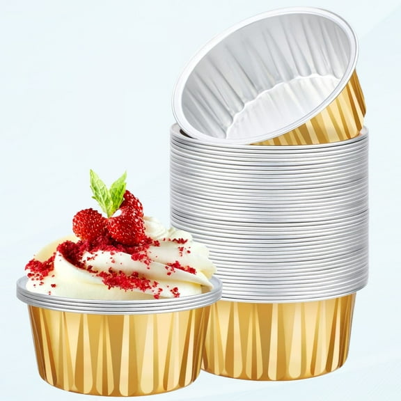 Disposable Creme Brulee Ramekins, 50pcs 5oz Baking Cups Ramekins Aluminum Foil Dessert Cups, Gold Cupcake Liners Mini Muffin Pans, Economical Catering Recyclable Baking Cups Favorable for Party