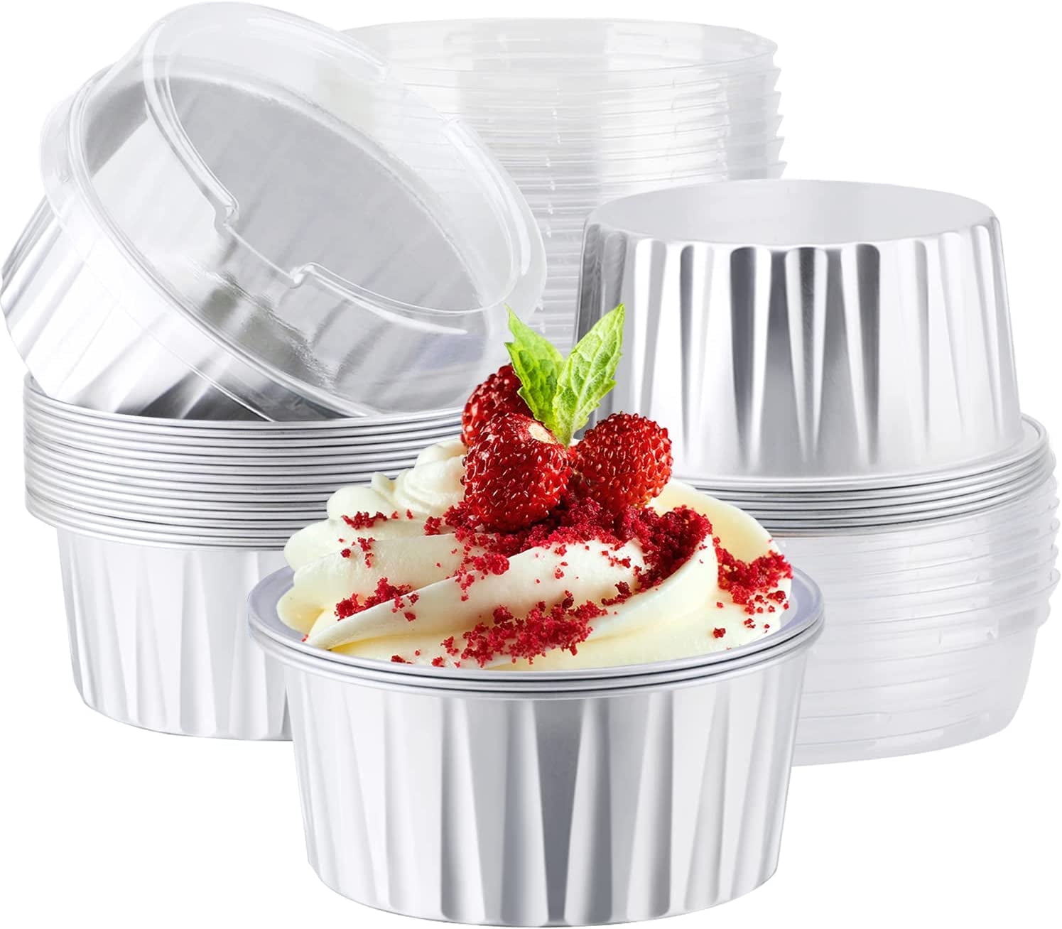 Disposable Creme Brulee Ramekins, Silver 25Packs 5oz Baking Cups with Lids Mini Muffin Liners, Dessert Cheesecake Pan Creme Brulee Cupcake Containers for Catering Gathering Club Wedding Party