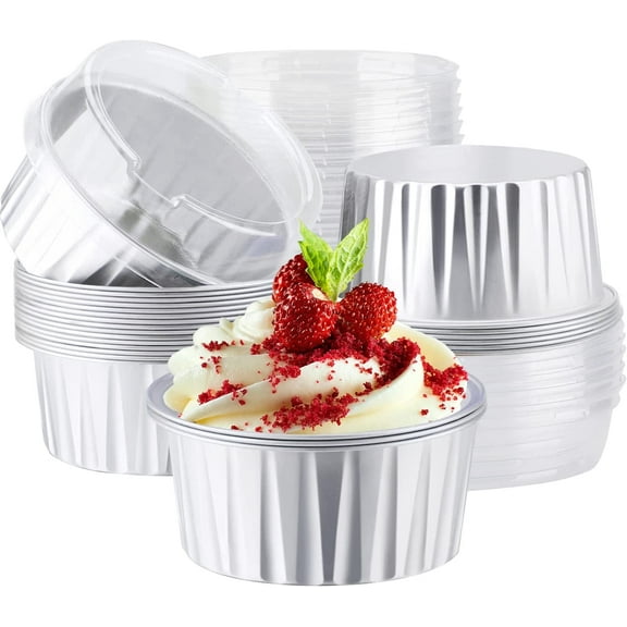 Disposable Creme Brulee Ramekins, Silver 25Packs 5oz Baking Cups with Lids Mini Muffin Liners, Dessert Cheesecake Pan Creme Brulee Cupcake Containers for Catering Gathering Club Wedding Party