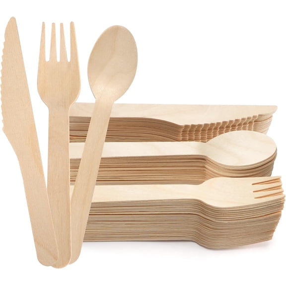 Disposable Cutlery Set, 200Pcs Wooden Compostable Utensils (100 Forks, 50 Spoons, 50 Knives) Eco-Friendly Forks And Spoons Silverware