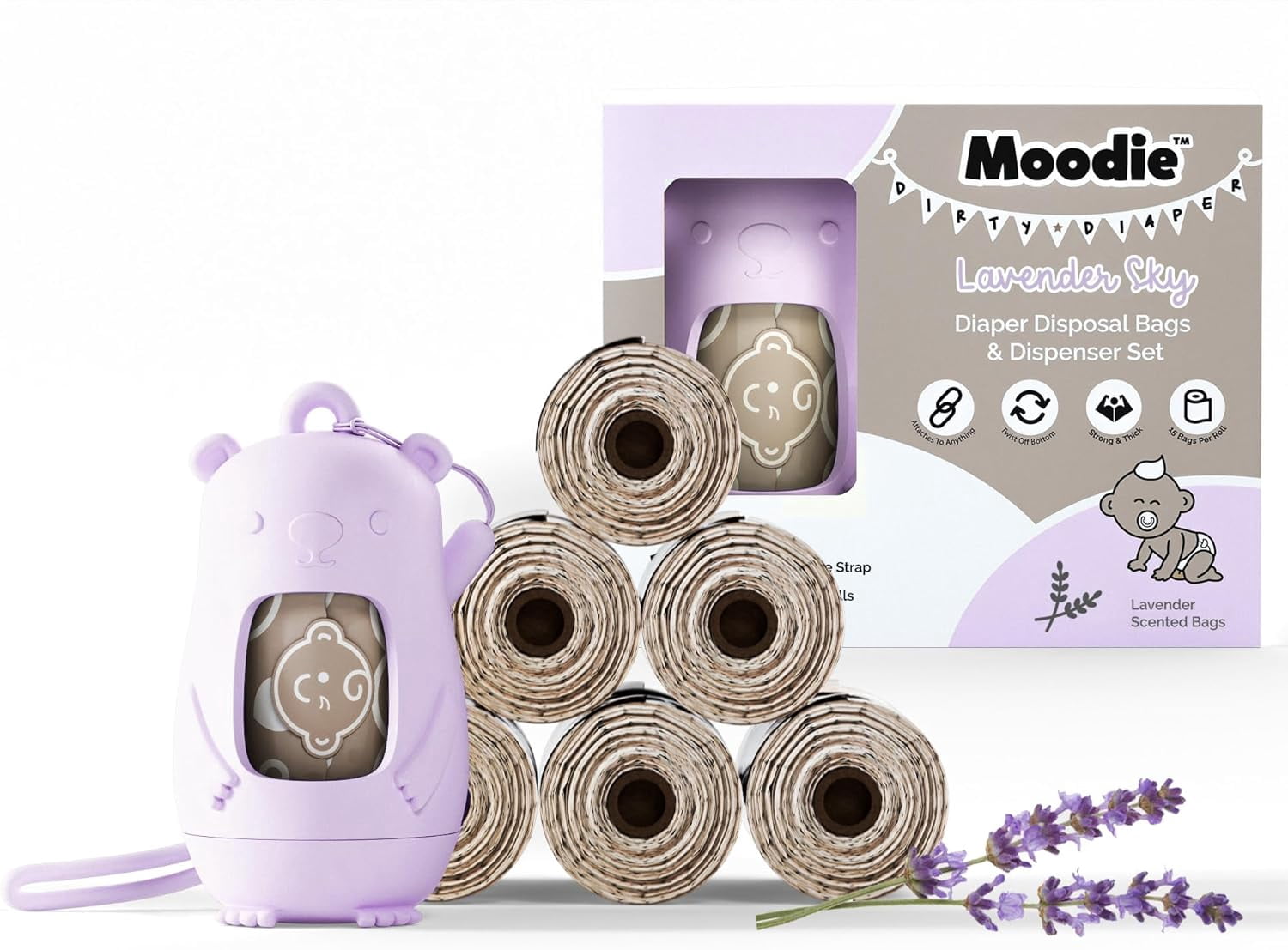 Disposable Diaper Bags Dispenser COMBO PACK |105 LAVENDER SCENTED Baby Poop Bags TOTAL & 1 Diaper Disposal Bag Dispenser | Dirty Diaper Trash Bags on the Go