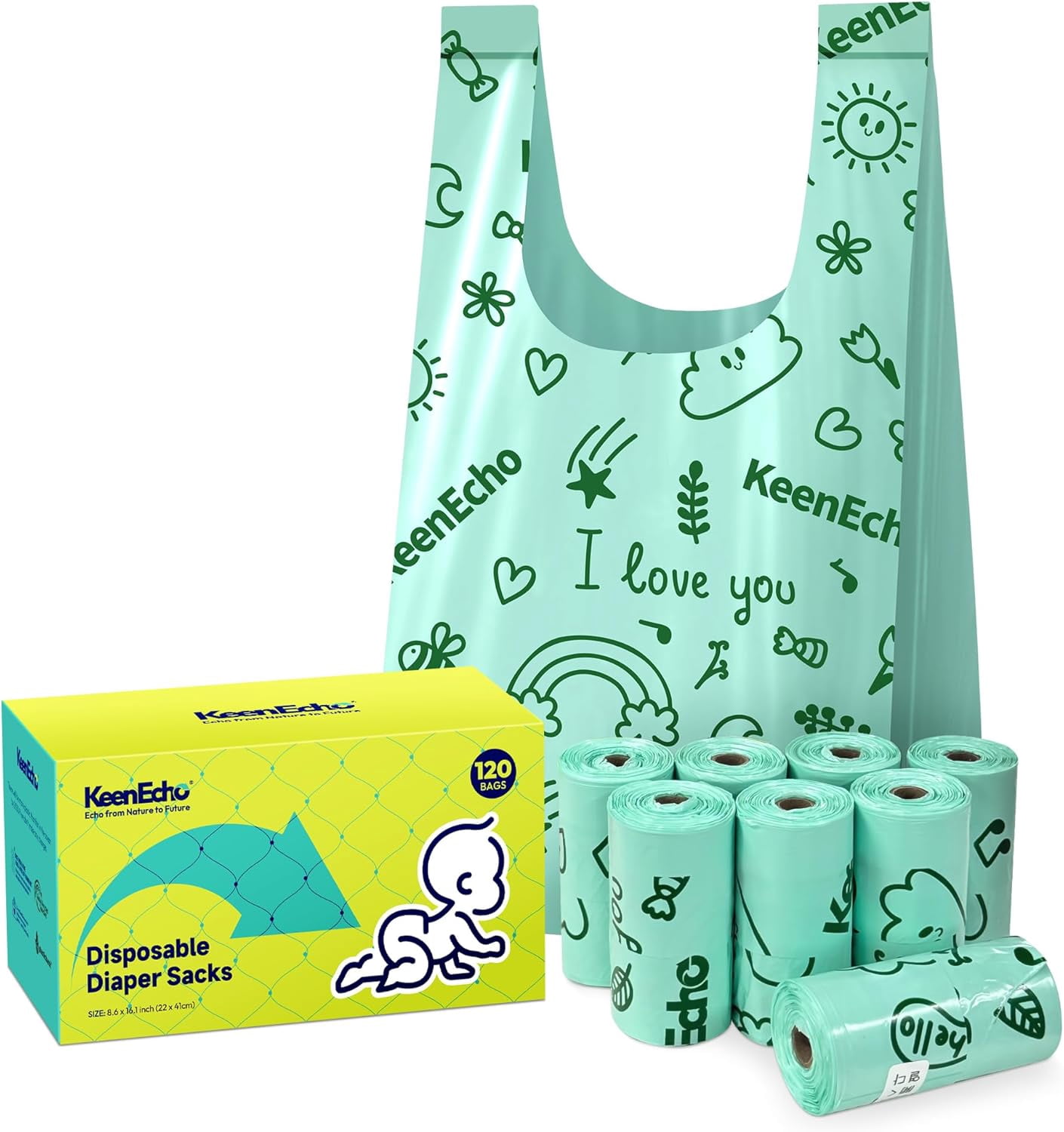 Disposable Diaper Bags with Handles 120 Count (8 Rolls), Leak-Proof Diaper Trash Bags & Sacks or Pet Waste Bag, Ocean Recycled Plastic, Green