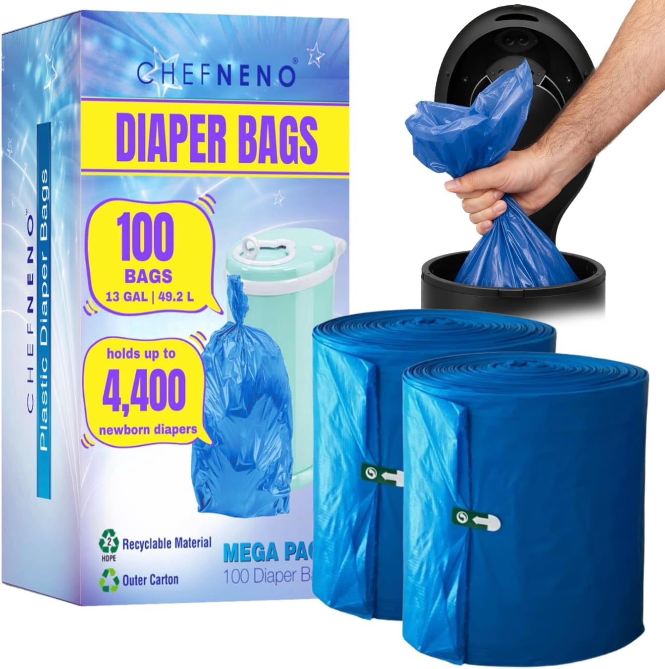 Disposable Diaper Pail Refill Bags (100 Bags) Compatible with Ubbi Diaper Bag Pail 13 Gal acity Diaper Pail Bag Medium Kitchen Trash Bag Heavy Duty Recycled Large Garbage Bag (100 ct.)