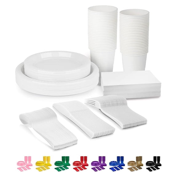 Disposable Dinnerware Set 350 Piece - White Plastic Plates, Cups, Napkins & Silverware for 50 Guests