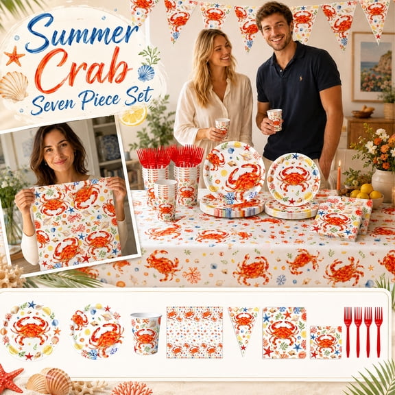 Disposable Dinnerware Set for Parties, Party Plates Set, Plastic Cutlery Set, Pennant Banner Party Supplies, 73Pcs Crab Pattern 7 in + 9 in Disposable Paper Plates Kit with