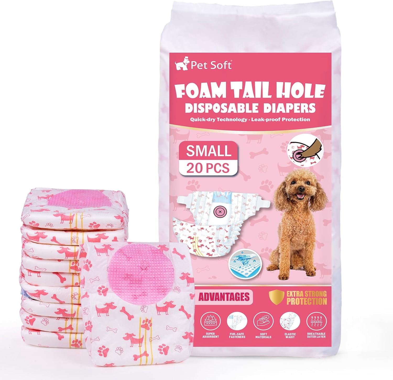 Disposable Dog Diapers - Female Dog Diapers with Adjustable Foam Tail Hole, Ultra Protection Puppy & Cat Diapers Wetness Indicator for Dogs in Heat or Incontinence, 20pcs (S,Red)