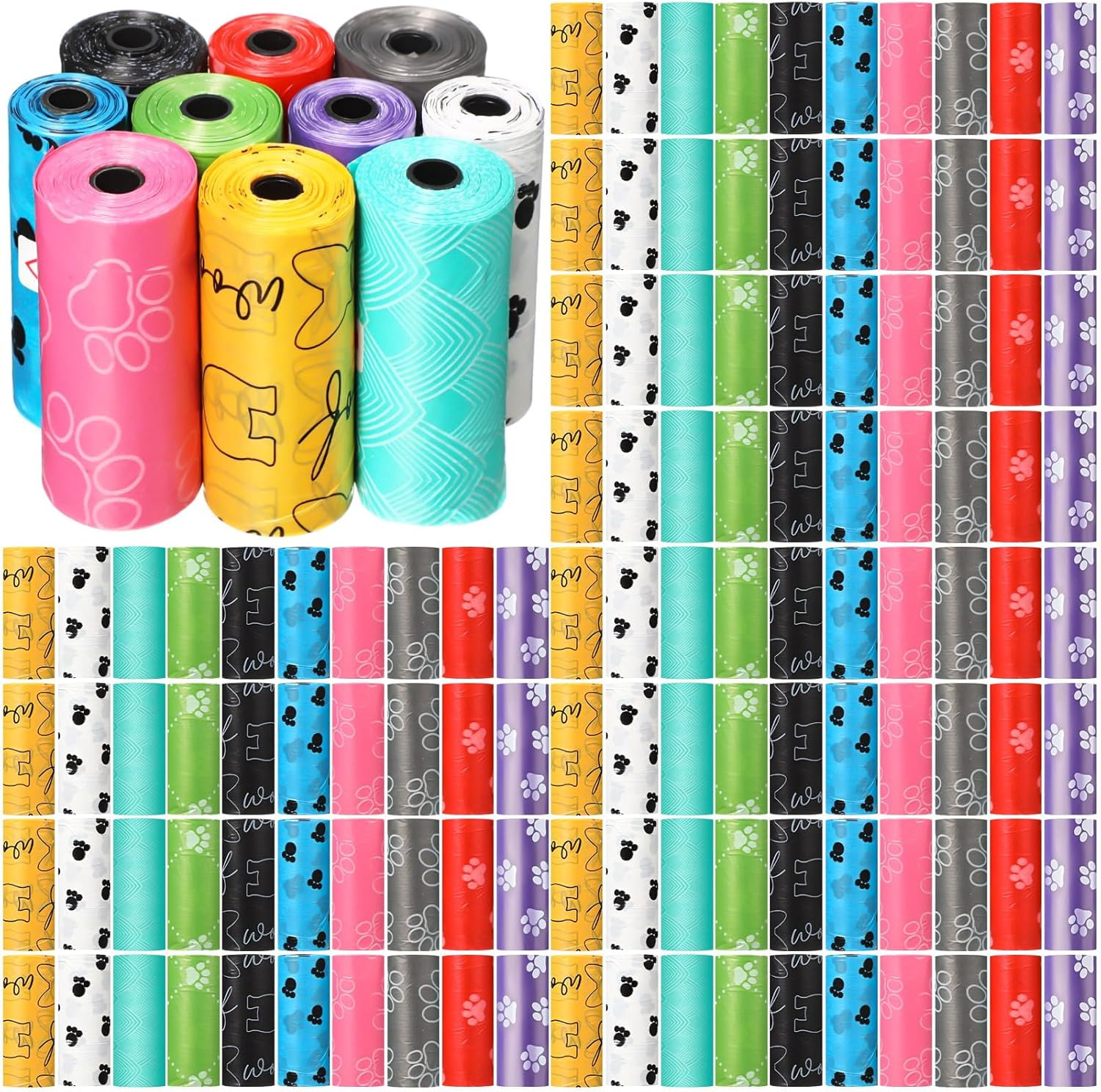 Disposable Dog Poop Bags, 3000 Counts in 200 Rolls for Pet Waste Cleanup Outdoor Walking Travel, Mixed Colors Paw Print Style