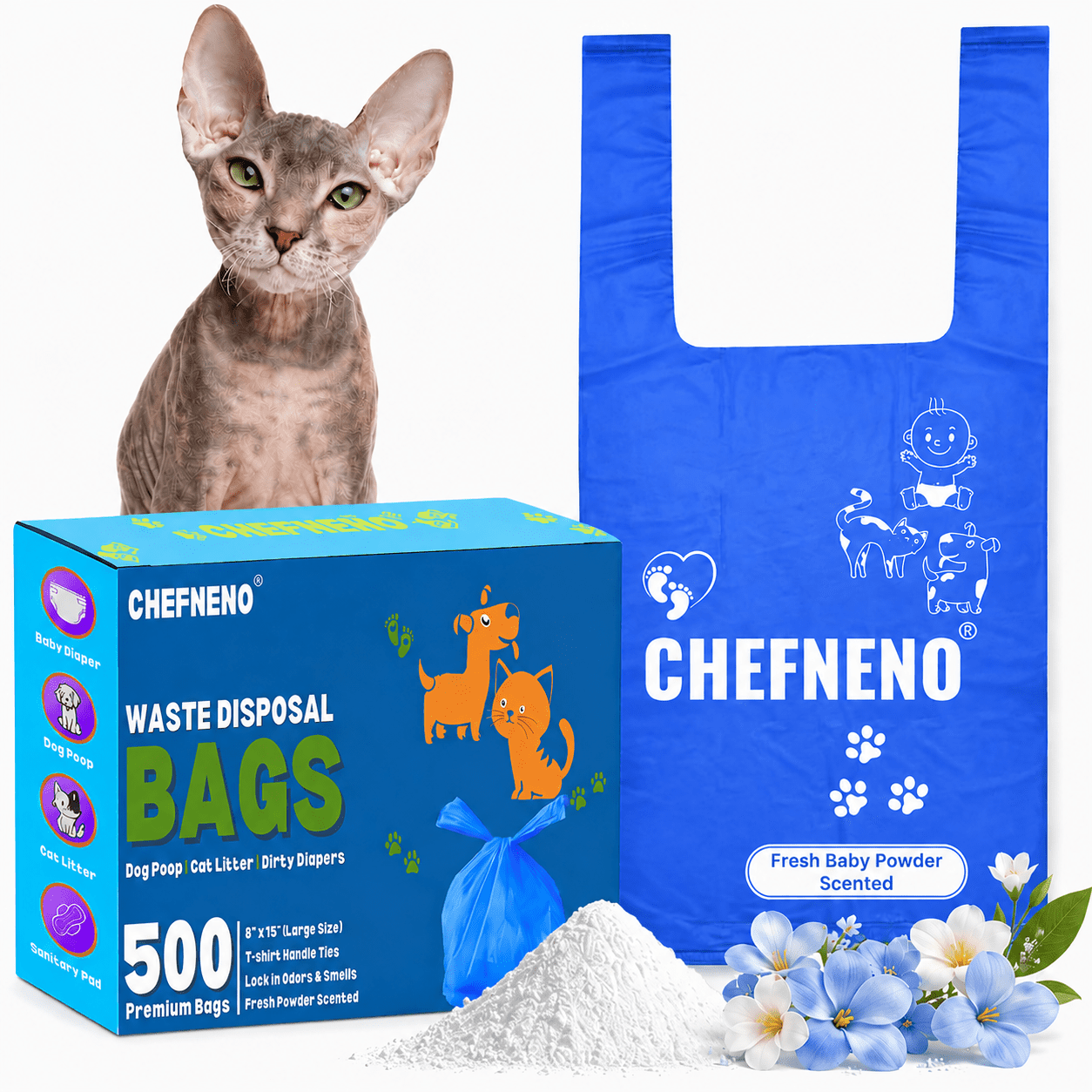 Disposable Dog Poop Waste Bags Cat Litter Clump & Poop Bags with Easy-tie Handles (500 count)  Fresh Powder Scented Bulk Poop Bags (Blue, 500 ct.)