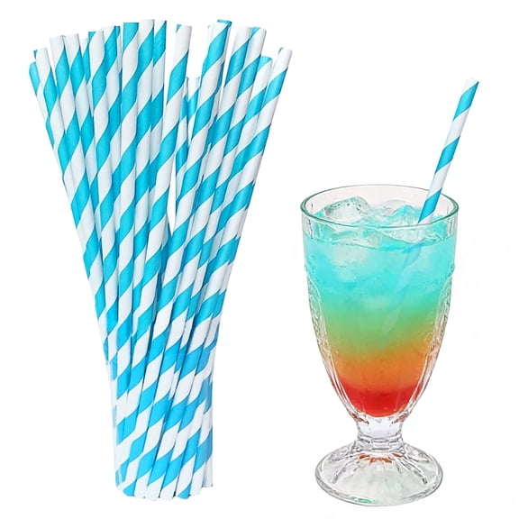 Disposable Drinking Straws, Paper Straws for Drinking, Birthday Party Decorations, Biodegradable Straws, 100-Pack 8 Inch Blue White Striped Paper Straws for Dessert Decor, Bar