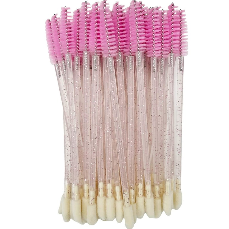 Disposable Dual-Ended Spoolies and Lip Applicators, 50 Pack 2-in-1 Mascara  Wands Lip Brushes for Makeup Application (Crystal Pink)