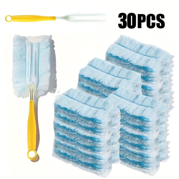 Disposable Electrostatic Feather Duster Heads Suitable for Home & Car Use, Static Dusting Tool with Handle for Sweeping-30pcs blue dust cloth + 1pc handle