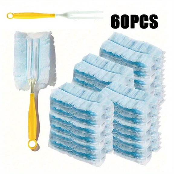 Disposable Electrostatic Feather Duster Heads Suitable for Home & Car Use, Static Dusting Tool with Handle for Sweeping-60pcs blue duster + 1pc handle