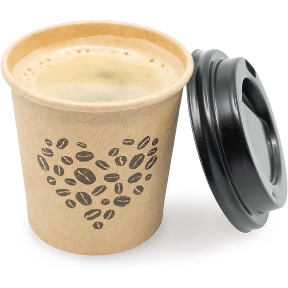 Disposable Espresso Cups with Lids - 4 Oz - 50 Sets - Kraft Coffee Print - Small To Go Paper Cups with Tops for Home Office or Party