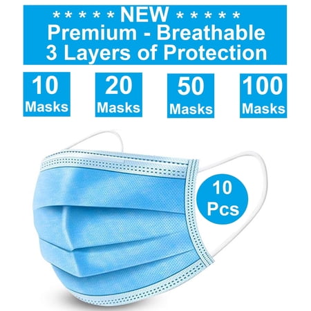 Disposable Face Mask - 10 Pack - Disposable Face Masks, 3-ply Elastic Ear Loop Filter Mask