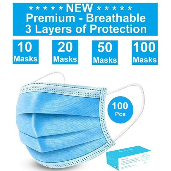 Disposable Face Mask - 100 Pack - Disposable Face Masks, 3-ply Elastic Ear Loop Filter Mask