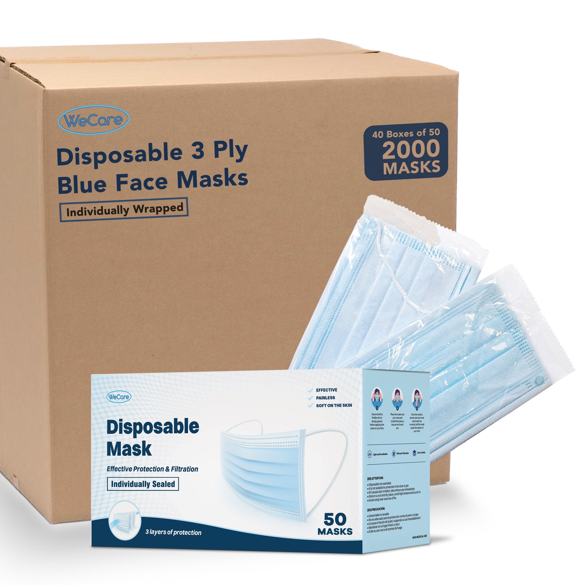 Disposable Face Mask, 3-Ply with Ear Loop (40 Pack of 50 Individually  Wrapped - 2000 Total) - Blue