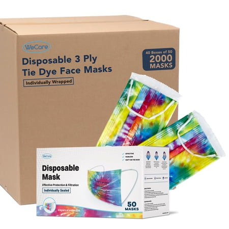 Disposable Face Mask, 3-Ply with Ear Loop (40 Pack of 50 Individually Wrapped - 2000 Total) - Tie Dye